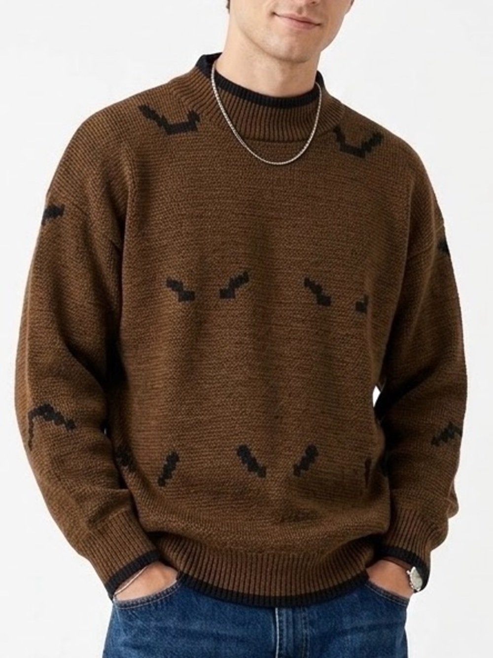 VTG Urban Outfitters Mens Geometric Sweater Size M Brown Wool Blend Mock Neck